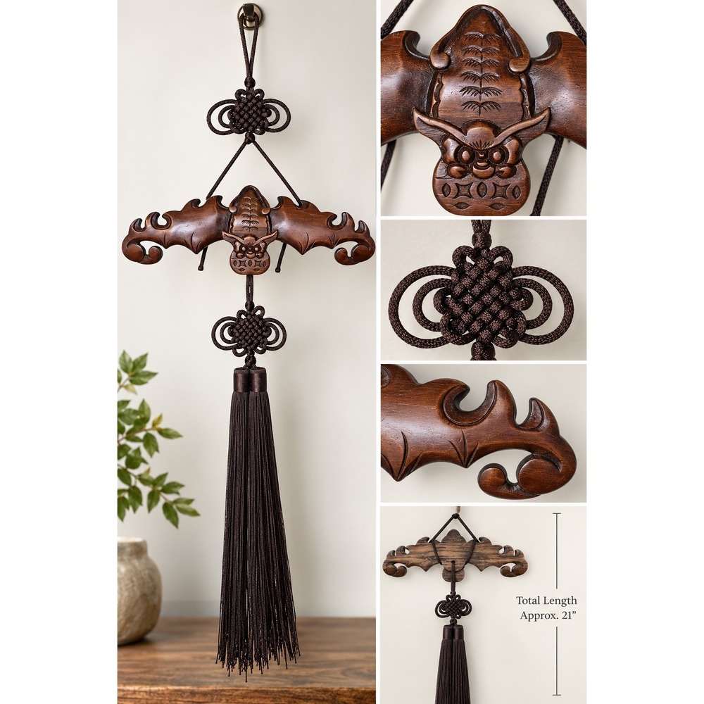 Vintage Souvenir Wood Wall Hanging – Asian Carved Bat Sculpture & Knotted Tassel